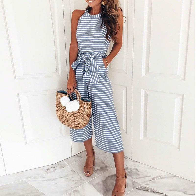 O-neck Striped Jumpsuits