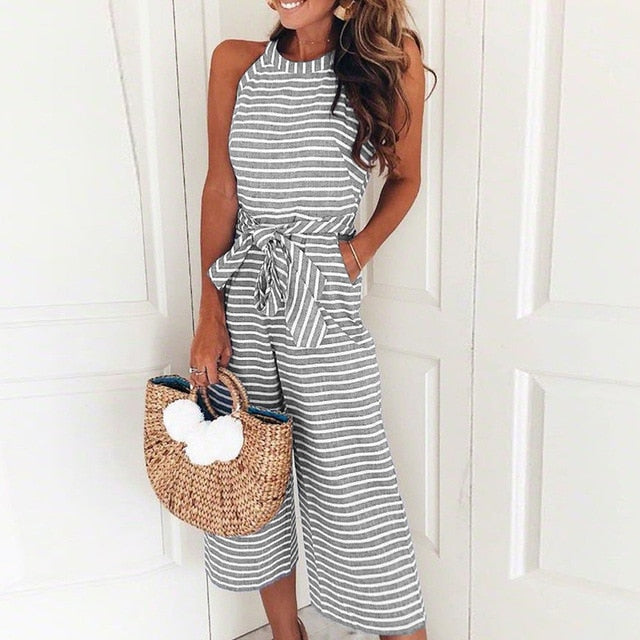 O-neck Striped Jumpsuits