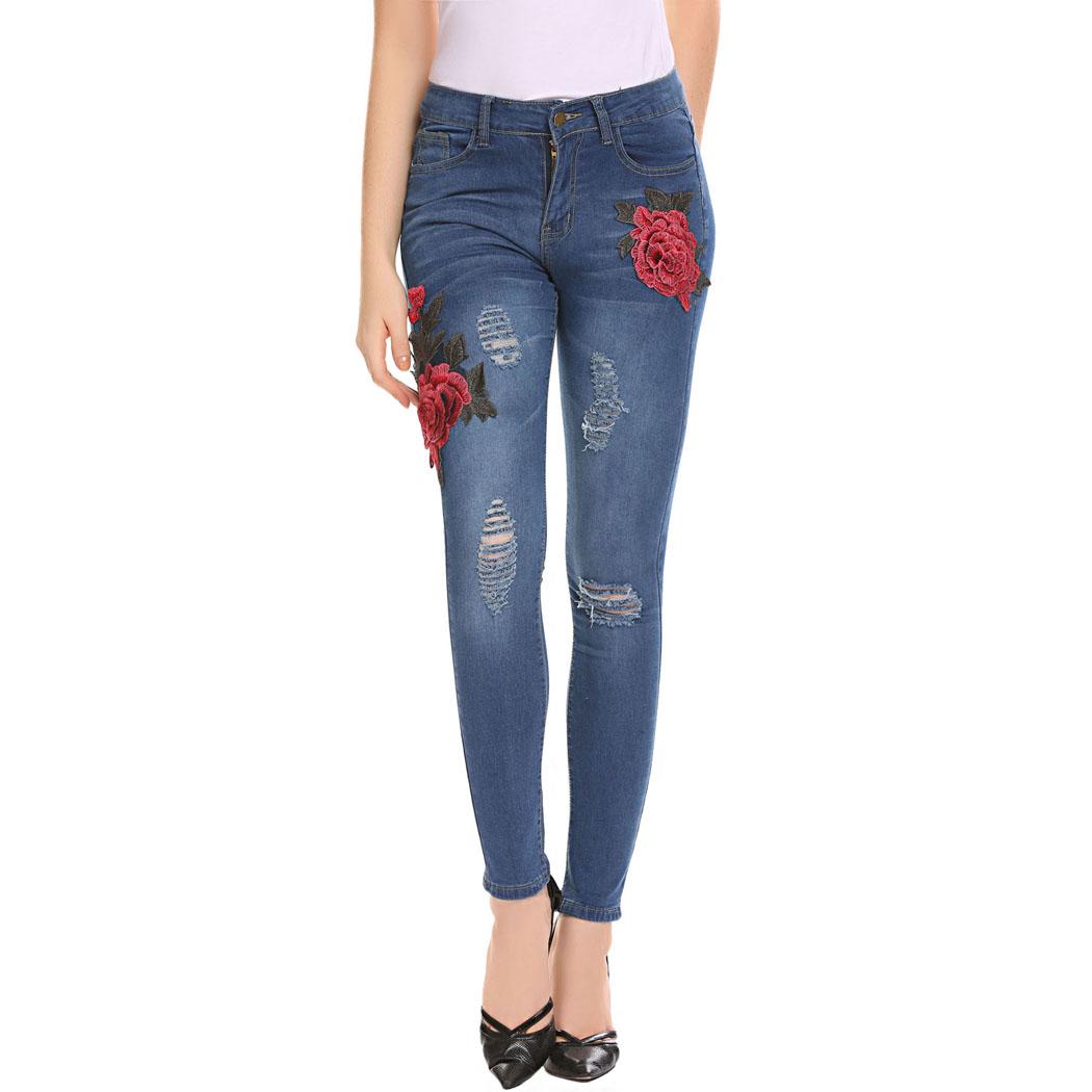 Ripped Denim Floral Jeans